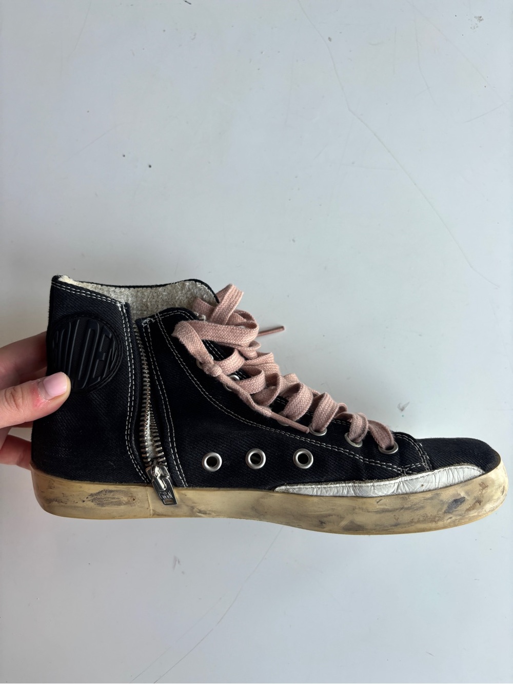 Golden Goose Black High-Top Sneaker with White Star and Pink Laces - Picture 6 of 7